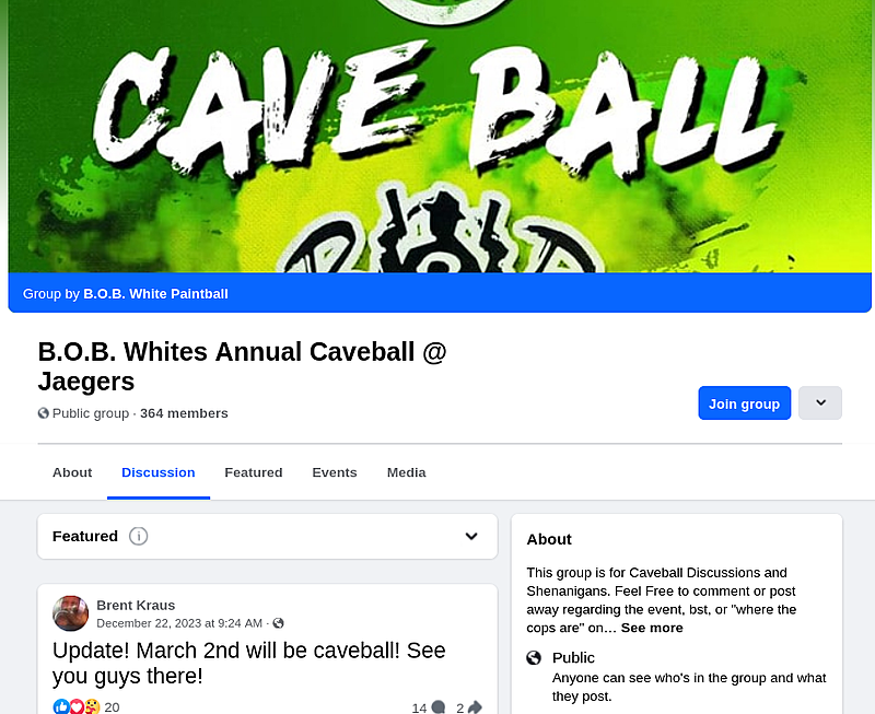 Click image for larger version

Name:	Screenshot 2024-01-12 at 09-06-45 B.O.B. Whites Annual Caveball @ Jaegers Facebook.png
Views:	767
Size:	408.3 KB
ID:	496741