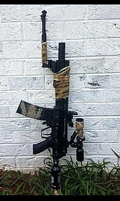 Hurricane with t15 magazines, and 8" nemesis barrel with m50. 
Reflex sight is very viewable and the xbow scope will do 30 - 100 yards accurately.