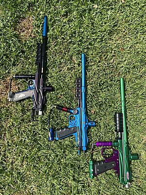 TRADE OR SELL

($500) 2k3 Gloss Forest Green/Purple WGP Autococker
     •CP Reg
     • Slicer Pump Kit
     • SLPS Spring Kit
     • CP On/Off ASA
     •HK IV 15in Barrel
($250) PsychoBallistics Lightning
     •CP On/Off
     • CP Reg 
     • Sanchez Machine Dual Rod           Pump kit
($400) 2k4 Black/Blue WGP Autococker
     •Shocker Single Trigger Slider Frame
     •Dye grips 
     •On/Off ASA
     •Sanchez Machine SM-1 Dual Pump kit.
     •Planet Eclipe 15 in 2 pc barrel. Back .683