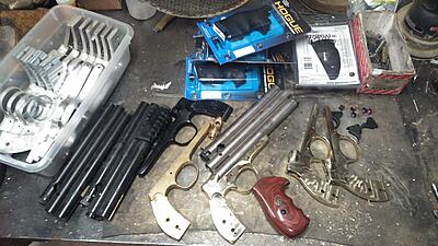 Three more brass PGP length almost ready.  One brass Palmers needs sanded and buffed.  One palmer black anno semiauto needs valve made, and a pile of raw need sanded and buffed and sent for anno.