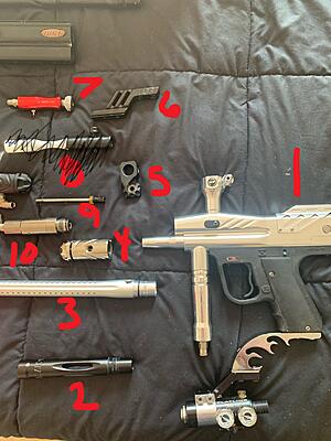 1. Piranha E force STS with clamping feedneck and flatline reg $70
2. Spyder threaded freak back $25
3. Dust Silver Freak tip $20
4. Chrome on/off ASA $10
5. 2K back block $10
6. WGP drop forward $10
7. ANS rock steady II gloss Red $20
9. Maddog cocking rod black $5
10 Unknown reg $20